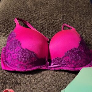 Push-Up Lace Trim Bra in Fuchsia Pink